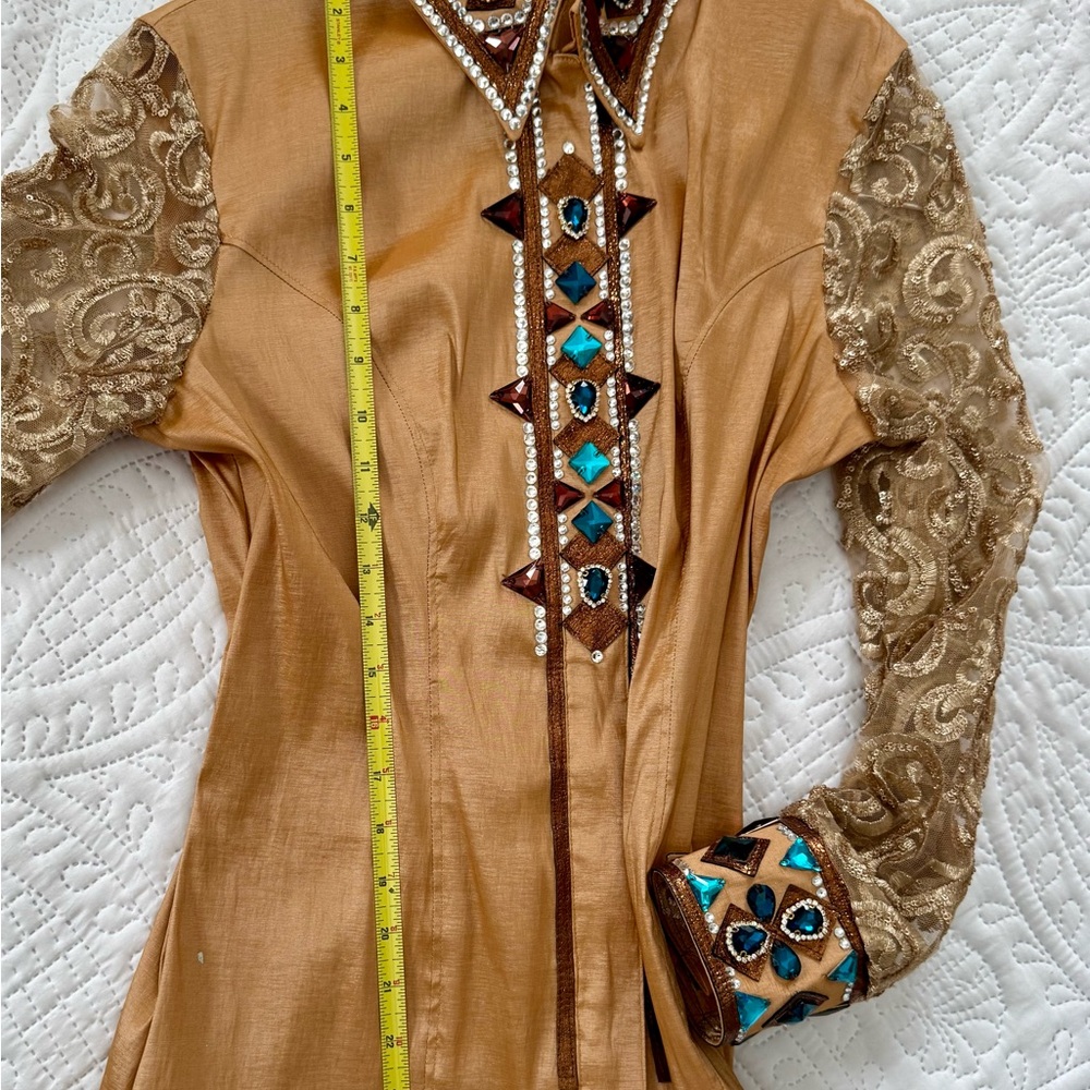Davlyn Designs Gold and Brown Embellished Reining/Western Riding  Show Shirt - Picture 7 of 10